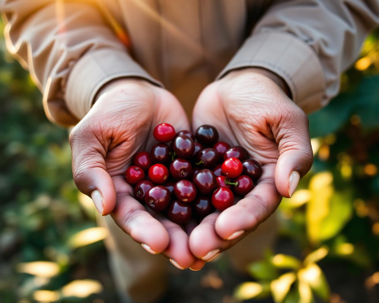 Coffee farmer with fresh cherries